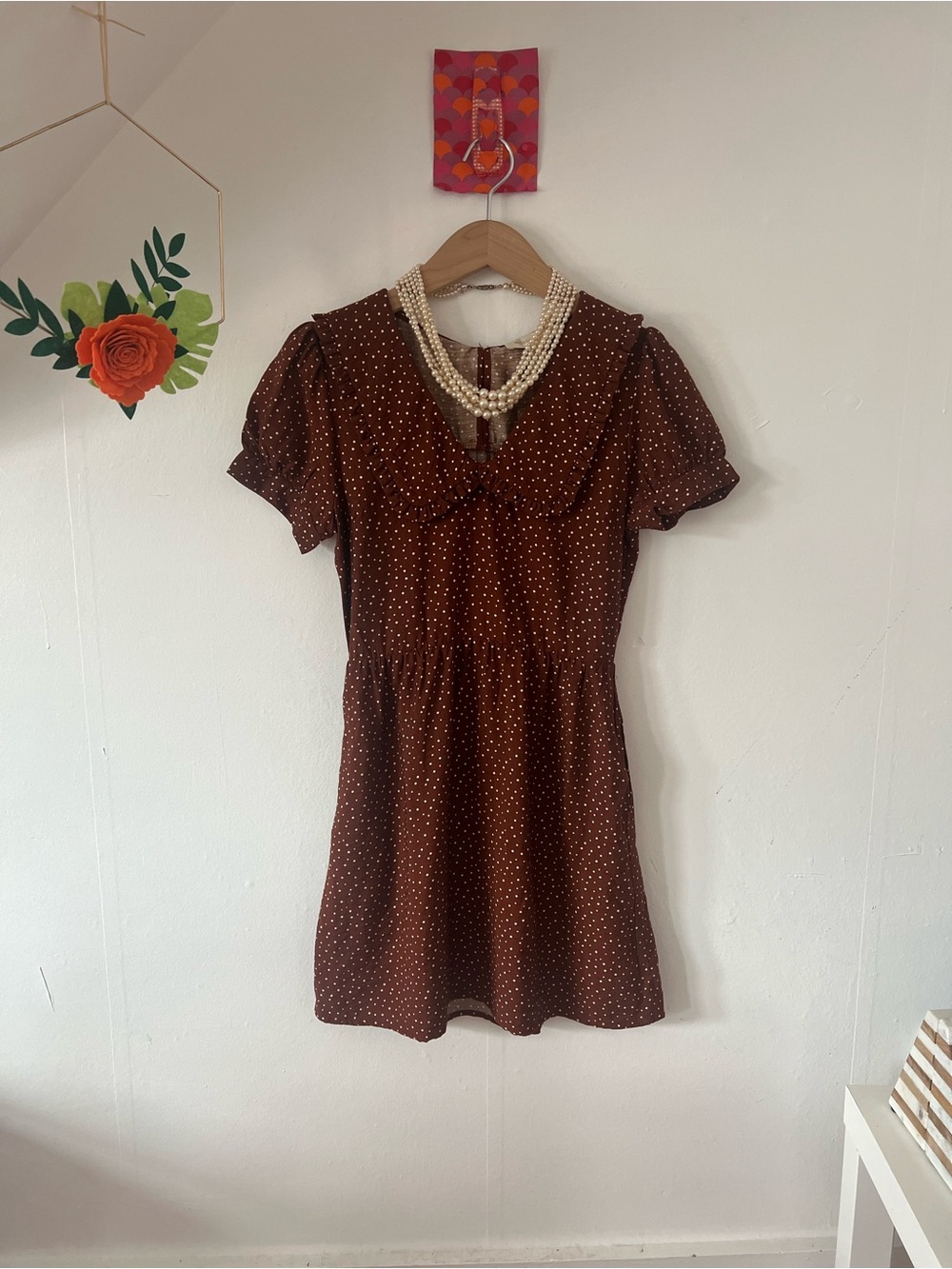 NWT Monteau sz S Mini School dress Chocolate Brown w/ White Dots Prairie Cottage